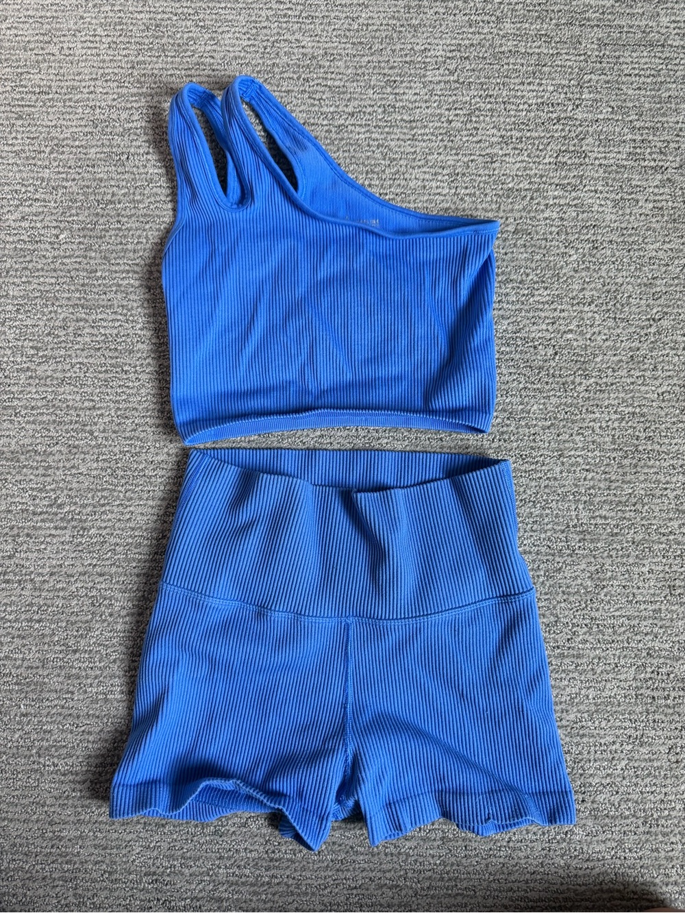 Aerie Ribbed One-Shoulder Crop Top & High-Waist Athletic Shorts in Cobalt Blue